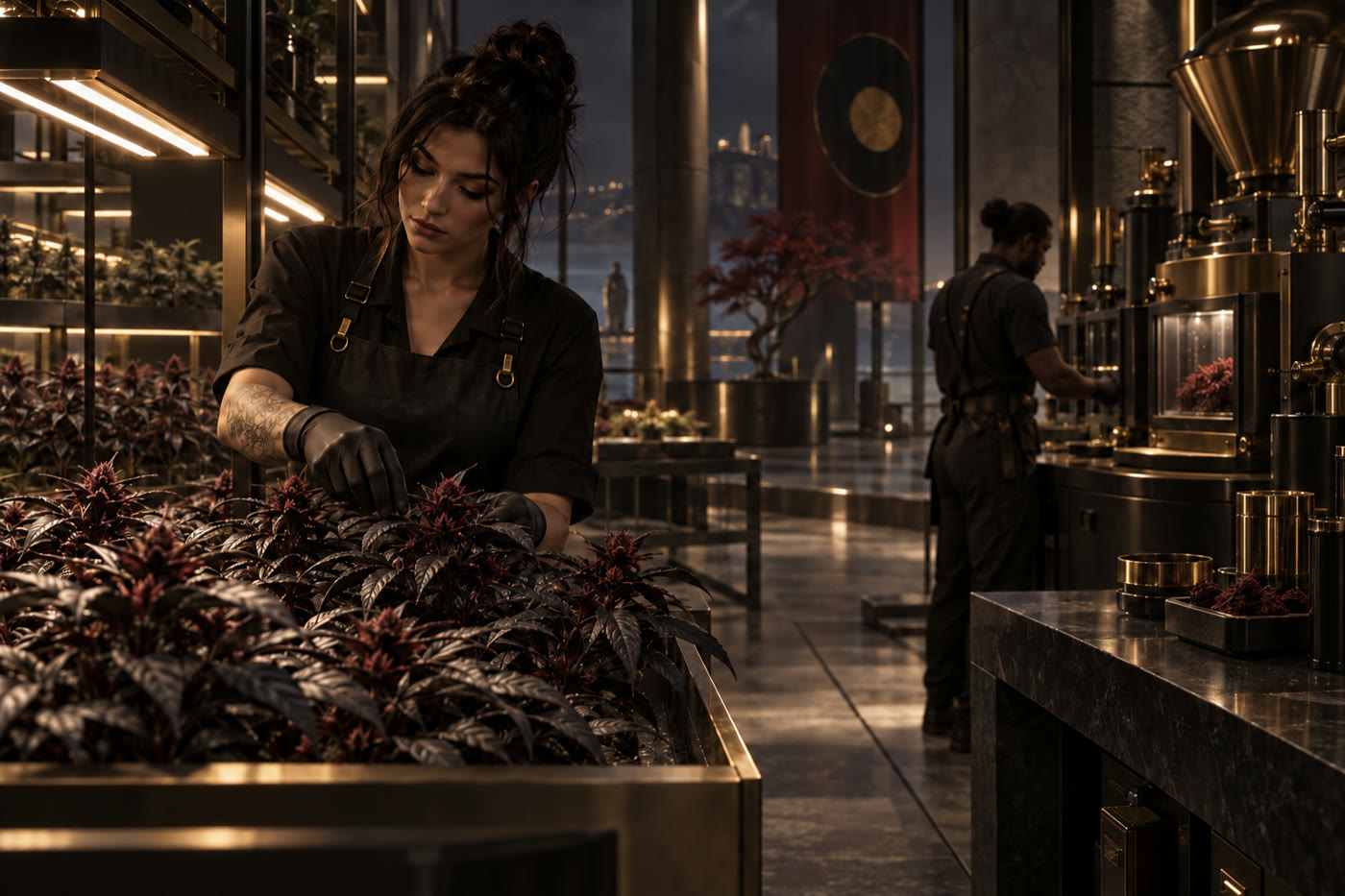 A player tending Nightleaf while another operates production equipment