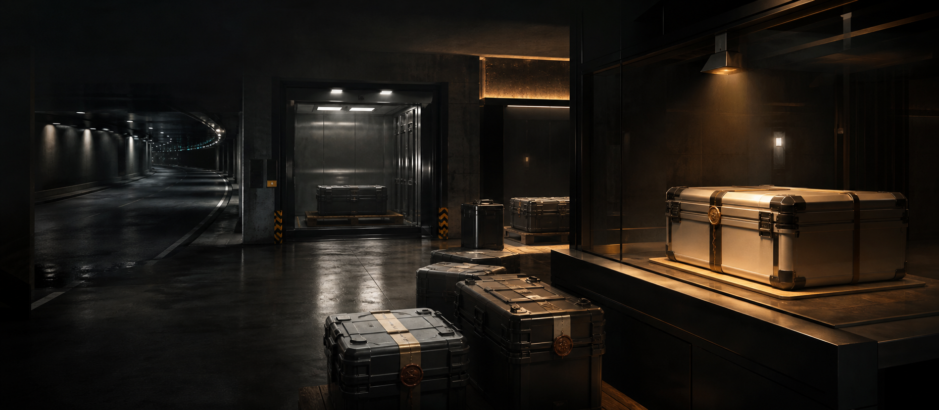 Sealed cases waiting in a transport corridor